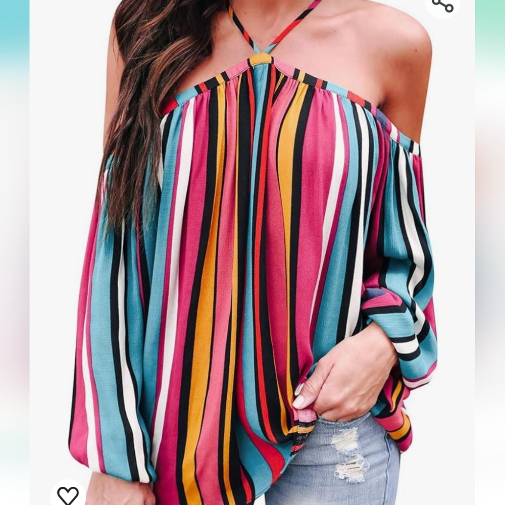 Casual Summer Top Slash neck Long Sleeve Blouse Rainbow Cold Shoulder si…